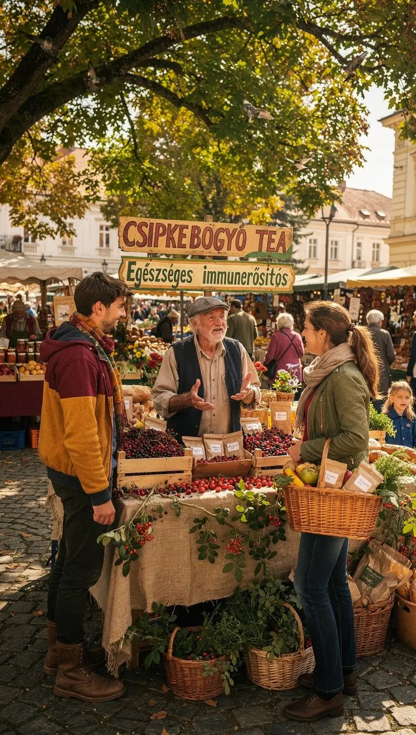 Közelkép a csipkebogyó teáról, élénk színű folyadékkal.