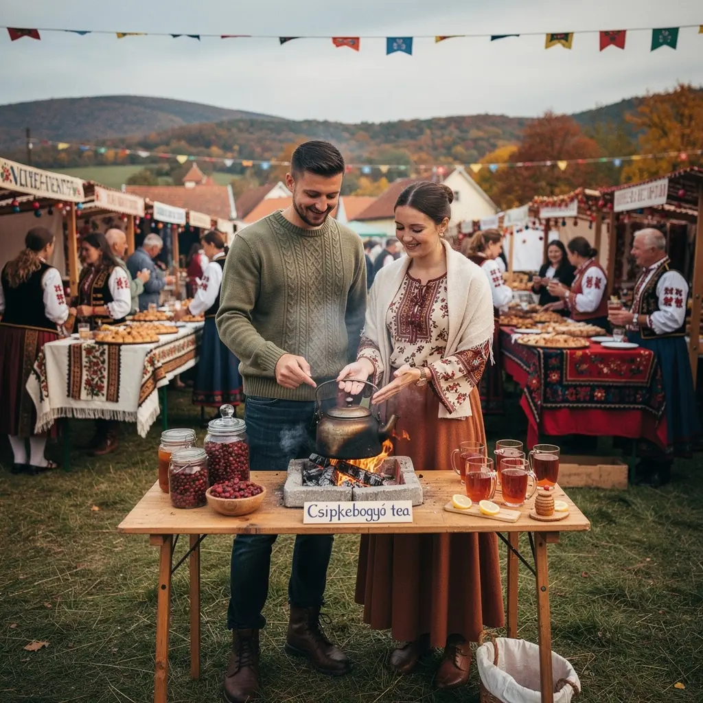Őszi teázás jelenete, baráti társaság körében, vadrózsa teával.